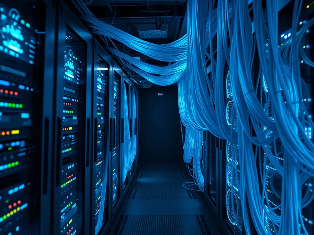 A high-tech server room with glowing blue fiber optic cables